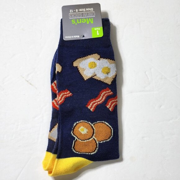 Dolgen Corp Mens Crew Socks Breakfast Eggs Bacon Toast Blue & Yellow 1 pack New - Picture 1 of 4